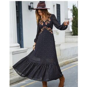 Abela Story Maxi Dress Black Polka Dot Long Sleeve Embroidered Bohemian‎ Sz M